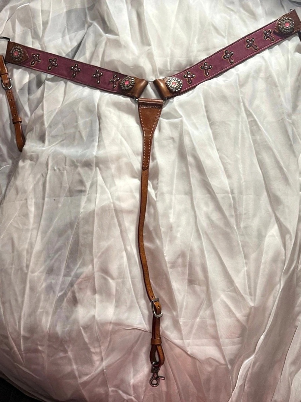 Pink & Brown Cross Studded Headstall & Breast Collar Set by Krazy Girl Tack